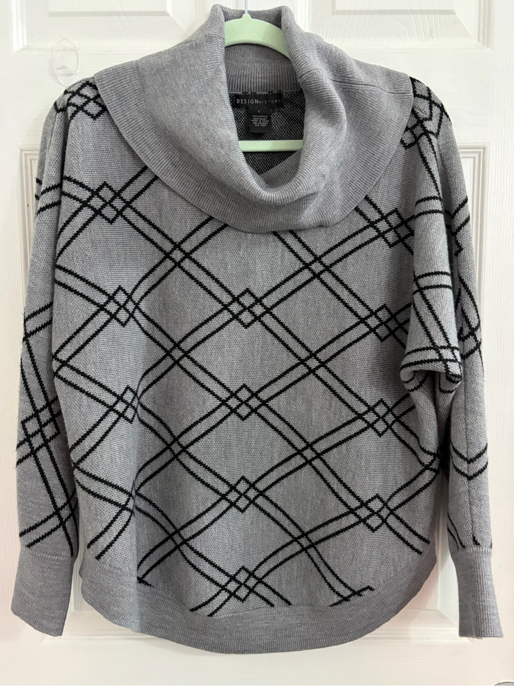 Design History Gray Cowl Neck Sweater with Black Lattice Pattern. Size large $10